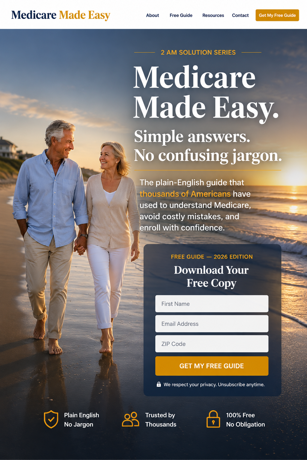 Happy retired couple walking hand in hand on beach at golden hour